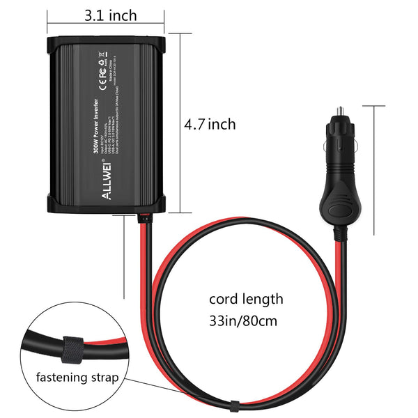 ALLWEI 300W Car Power Inverter with 27W USB-C and 3.0 USB Port - DC 12V to 240V / 230V AC Power inverters for Vehicles Converter Fast Charging Ports Car Charger Adapter (Red)