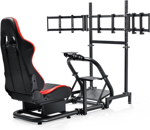 Dardoo Racing Simulator Cockpit with Triple Monitor Stand and Red Seat Fit for Logitech/Thrustmaster/Fanatec T500RS TX G29 G920 G923 CSL-DD, No Steering Wheel,Pedal,Handbrake