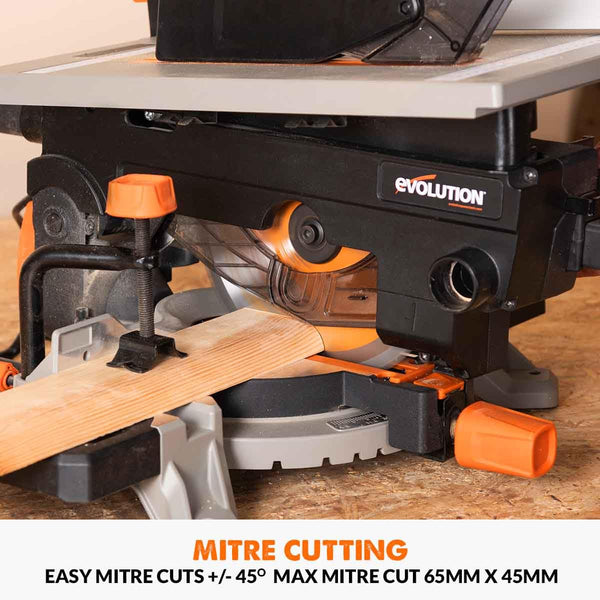 Evolution Power Tools R210CMS Compound Miter Saw Multi-Material Cutting TCT Blade Included Cuts Wood Metal Plastic & More, 45° - 45° Degree Miter & 45˚ Degree Bevel Angles, 1200W, 210mm