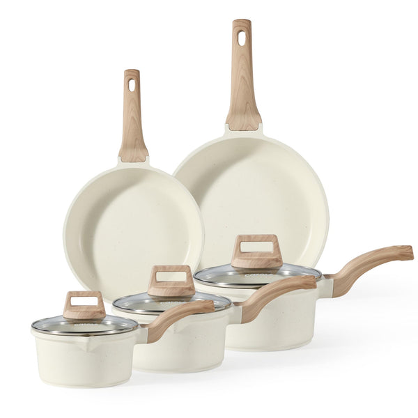 CAROTE Pots and Pans Sets Non Stick, 8 PCS White Granite Induction Hob Pan Set, Natural Non Toxic Cooking Cookware Set with Saucepan Set,Suitable for All Stoves