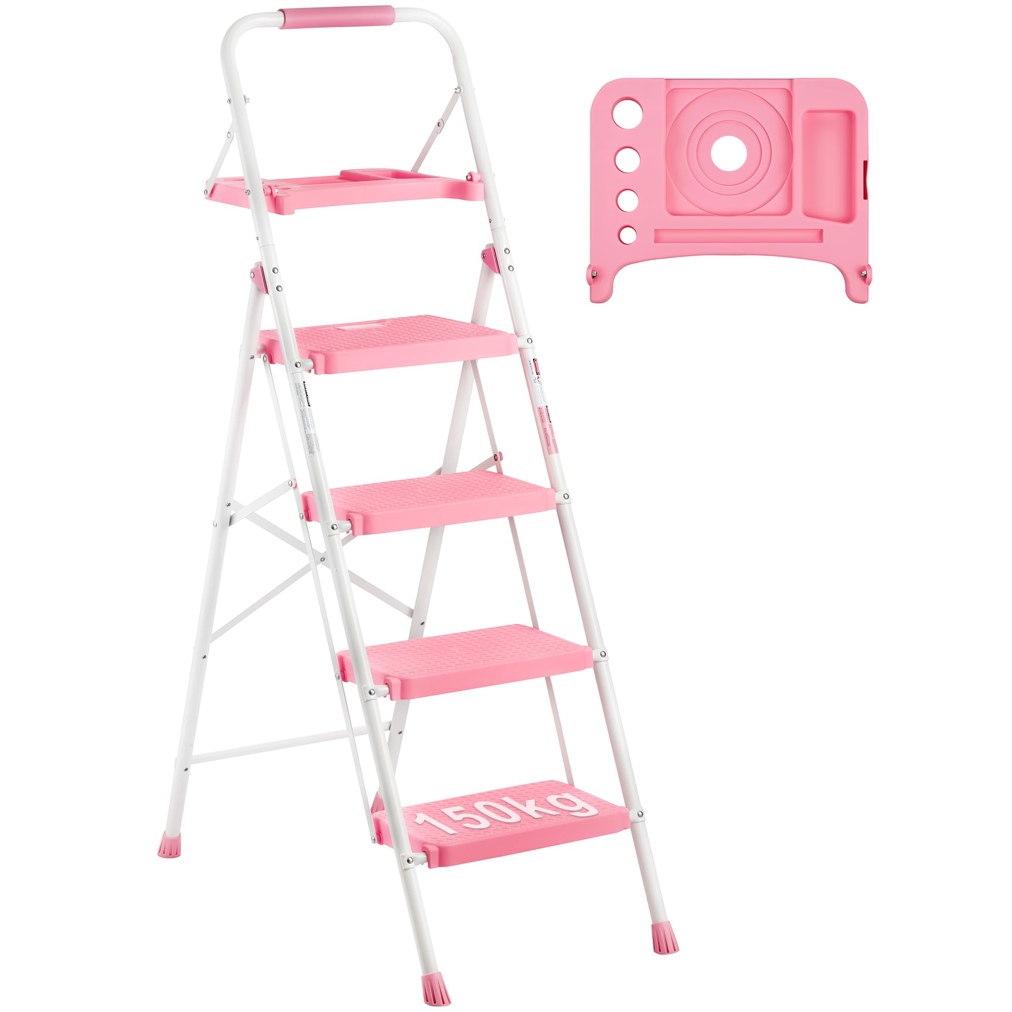 BONTEC 2 Step Ladder, Capacity 150KG with Wide Anti-Slip Pedals, Folding Steel Step Stool, Sponge Handlebar, Lightweight Portable Ladder Suitable for Home, Kitchen, Pantry, Indoor/Outdoor Use, Black