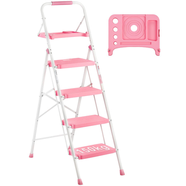 BONTEC 2 Step Ladder, Capacity 150KG with Wide Anti-Slip Pedals, Folding Steel Step Stool, Sponge Handlebar, Lightweight Portable Ladder Suitable for Home, Kitchen, Pantry, Indoor/Outdoor Use, Black