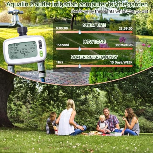 Aqualin Watering Irrigation System Sprinkler Water Hose Timer 2 Zone with FSTN Large LCD Screen for Garden Plants