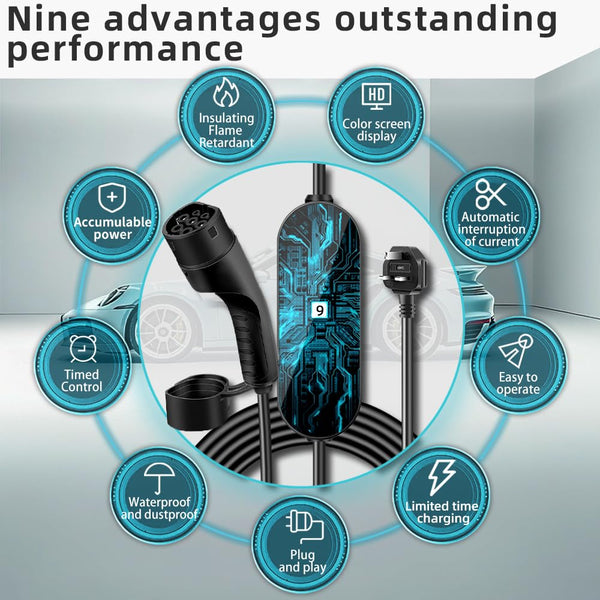 LCLCTEK® EV Charger Cable Type 2 to 3 Pin Plug, Portable UK 3 Pin EV Charger, Electric Car Charger [6/8/10/13A], EV Car Charger with LED Display, IP66 Waterproof, Type 2 Cable EVs and PHEV (8M)