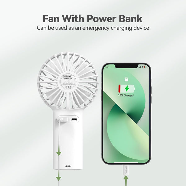 TECKNET Handheld Fan, Portable USB Hand Held Fans Rechargeable Mini with 7000mAh Power Bank, Mini Personal Electric Fan 3 Adjustable Speed Desk Fan for Home/Office/Travel (White)