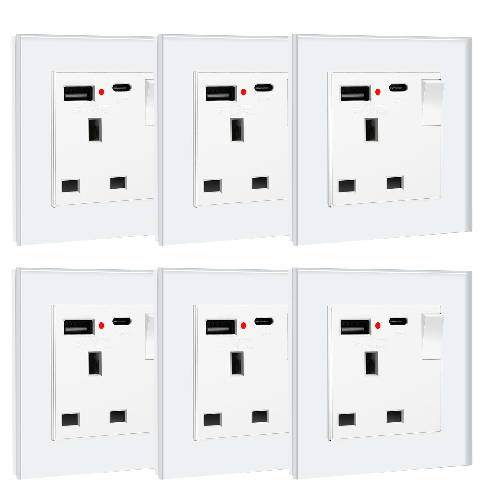 BSEED Double Socket 13A with LED Indicator, Double Switched Wall Socket 2 Gang UK Standard, Electric Switched Plug Power Wall Outlet with Glass Panel, Grey