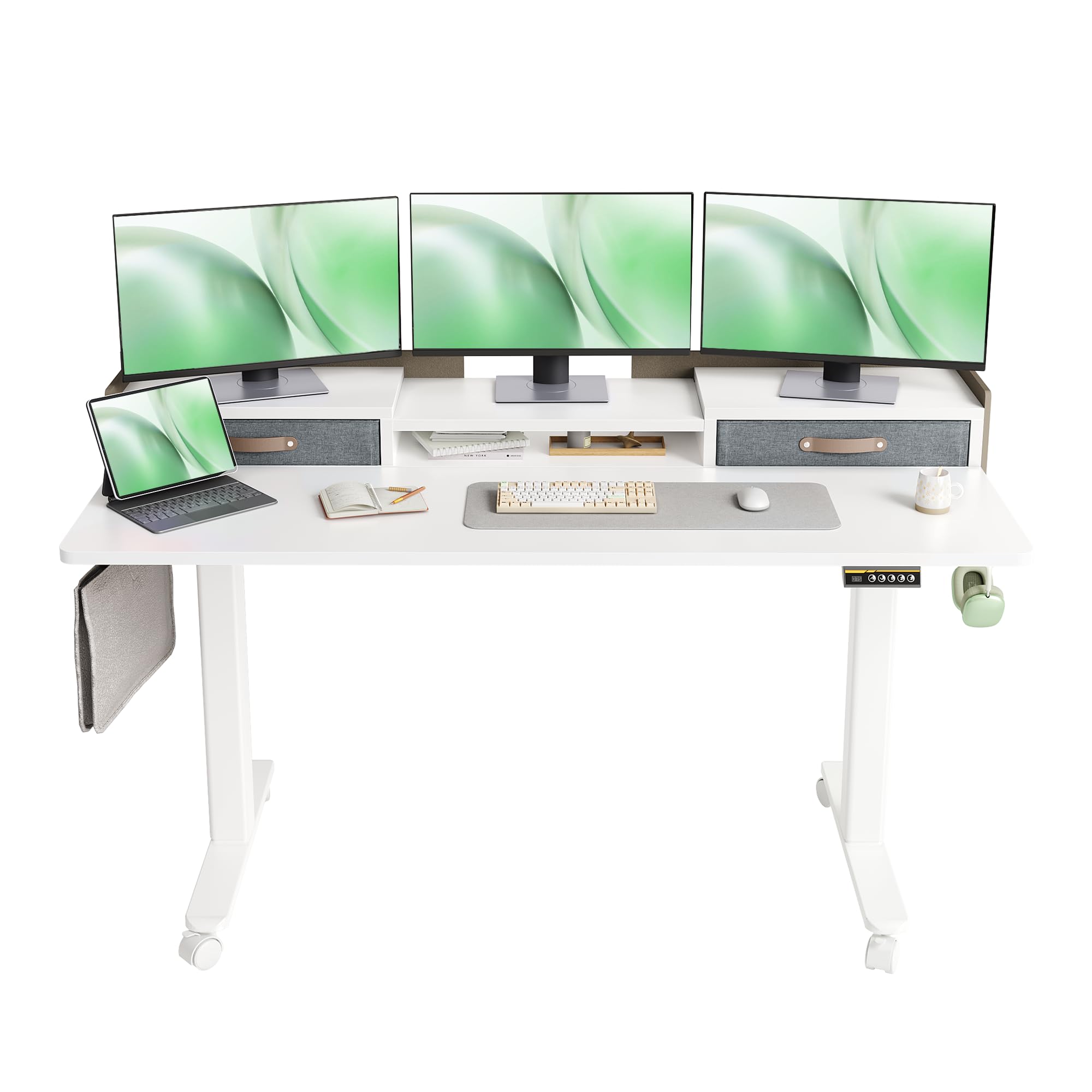 Claiks Electric Standing Desk with Drawers, 120x60cm Height Adjustable Desk with Storage Shelf and Splice Board, Stand Up Desk for Home Office, White Frame/Maple Top