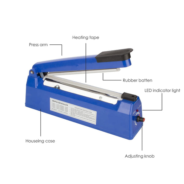 Heat Sealer, Impulse Plastic Bag Sealer, Manual Seal Food Packing Machine, Heat Sealing Applicable with Replacement Kit, Metal/ABS 350W (Blue, 8")