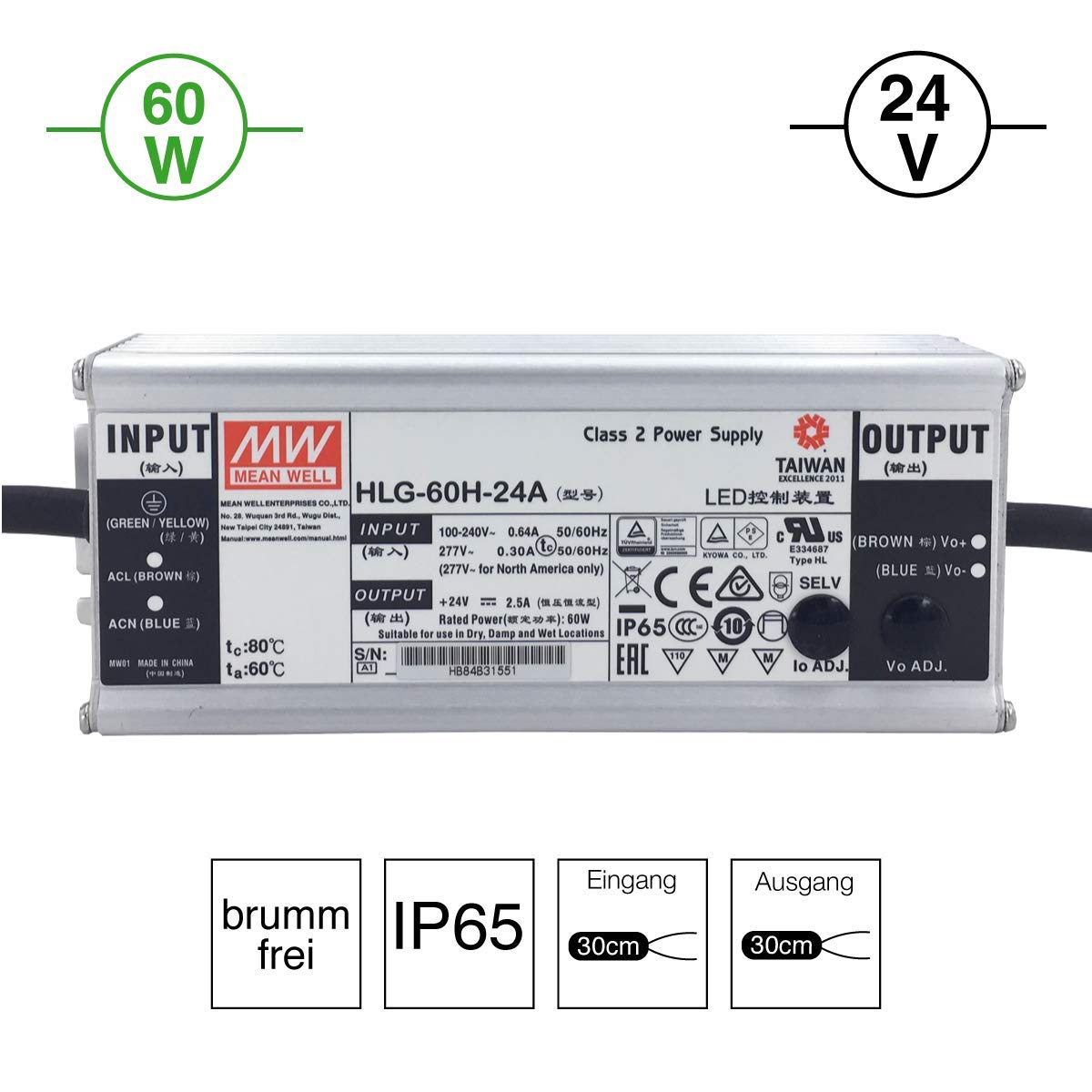 HLG-60H-24A: Mean Well LED power supply 60 W, 24 V, IP65, voltage and current adjustable (24 V, 60 W)