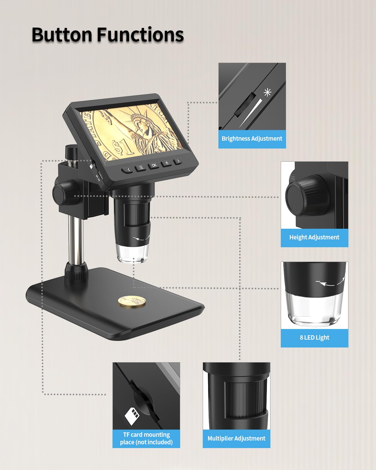 Coin Microscope-LCD Digital Microscope 500X, 1080P Coin Magnifier for Error Coins with 8 Adjustable LED Lights, PC View, Compatible with MacOS Windows-Black