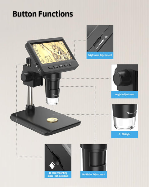 Coin Microscope-LCD Digital Microscope 500X, 1080P Coin Magnifier for Error Coins with 8 Adjustable LED Lights, PC View, Compatible with MacOS Windows-Black