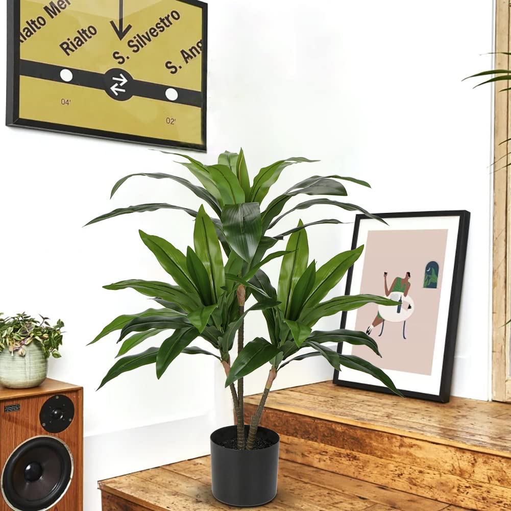 Hollyone 3FT Artificial Dracaena Fragrans Tall Artificial plants, Replica Faux Fake Plant with Durable Trunks and Lifelike Leaves, for Home Living