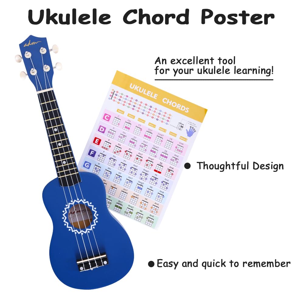 ADM Soprano Ukulele Set for Kids and Beginners, Ukulele Starter Kit with Bag, Clip-On Tuner, Rainbow Strings, Colourful Strap, Plectrum, Fingerboard Sticker, Chord Card (Dark Blue)
