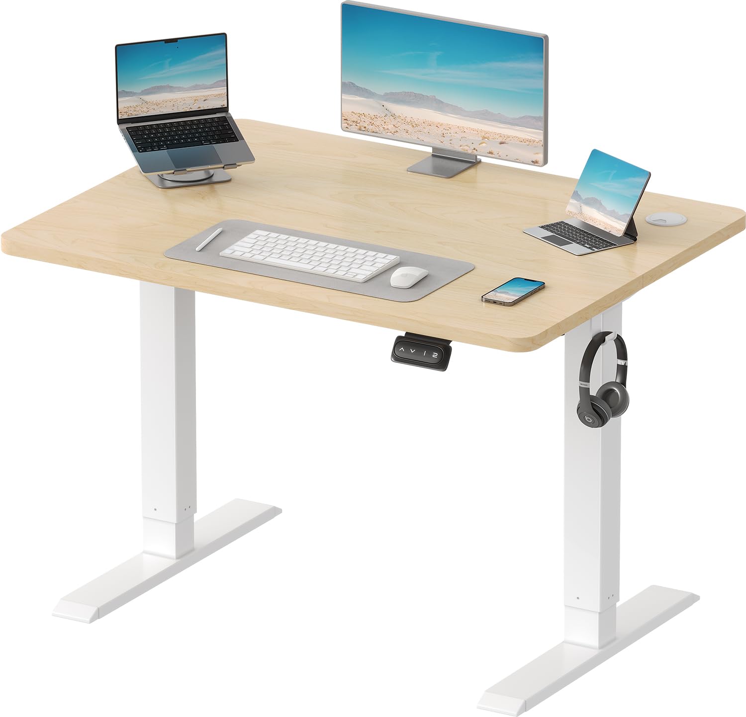 Devoko Electric Standing Desk 120x60cm Sit Stand Table Height Adjustable with Backpack Hook and Memory Smart Pannel, Home Office, White