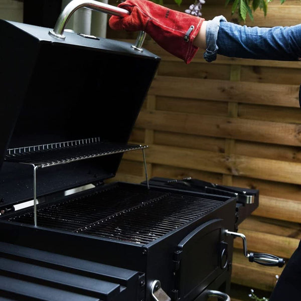 CosmoGrill Outdoor XL Smoker Barbecue Charcoal Portable BBQ Grill, 2 Folding Side Table, Built-in Thermometer, Adjustable Charcoal Pan & Chimney, Wheels, Large Coal BBQ Smoker for Home Garden Cooking