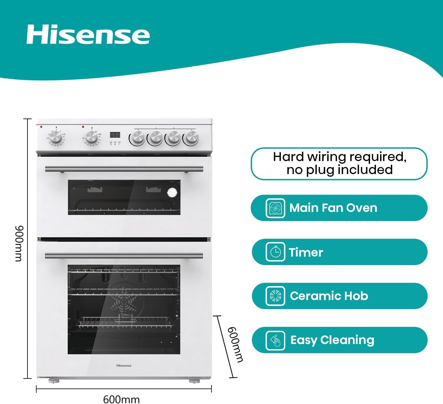 Hisense HDE3211BBUK 60cm Electric Cooker with Ceramic Hob-Black , A Rated Double Oven