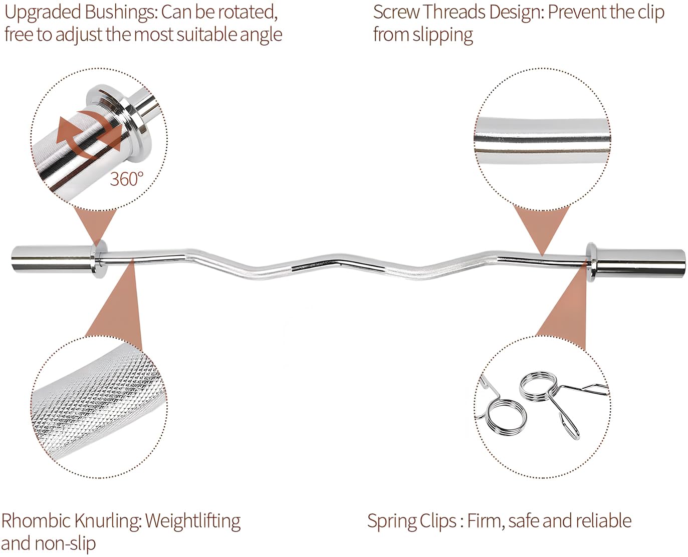jxgzyy EZ Curl Bar Weight Bar Barbell Bar 47 Inches Weight Lifting Bar for 2 Inches Weight Plates, Non-Slip Hand Grip With 2 Spring Collars For Gym