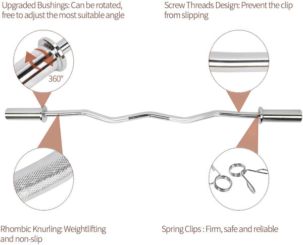 jxgzyy EZ Curl Bar Weight Bar Barbell Bar 47 Inches Weight Lifting Bar for 2 Inches Weight Plates, Non-Slip Hand Grip With 2 Spring Collars For Gym