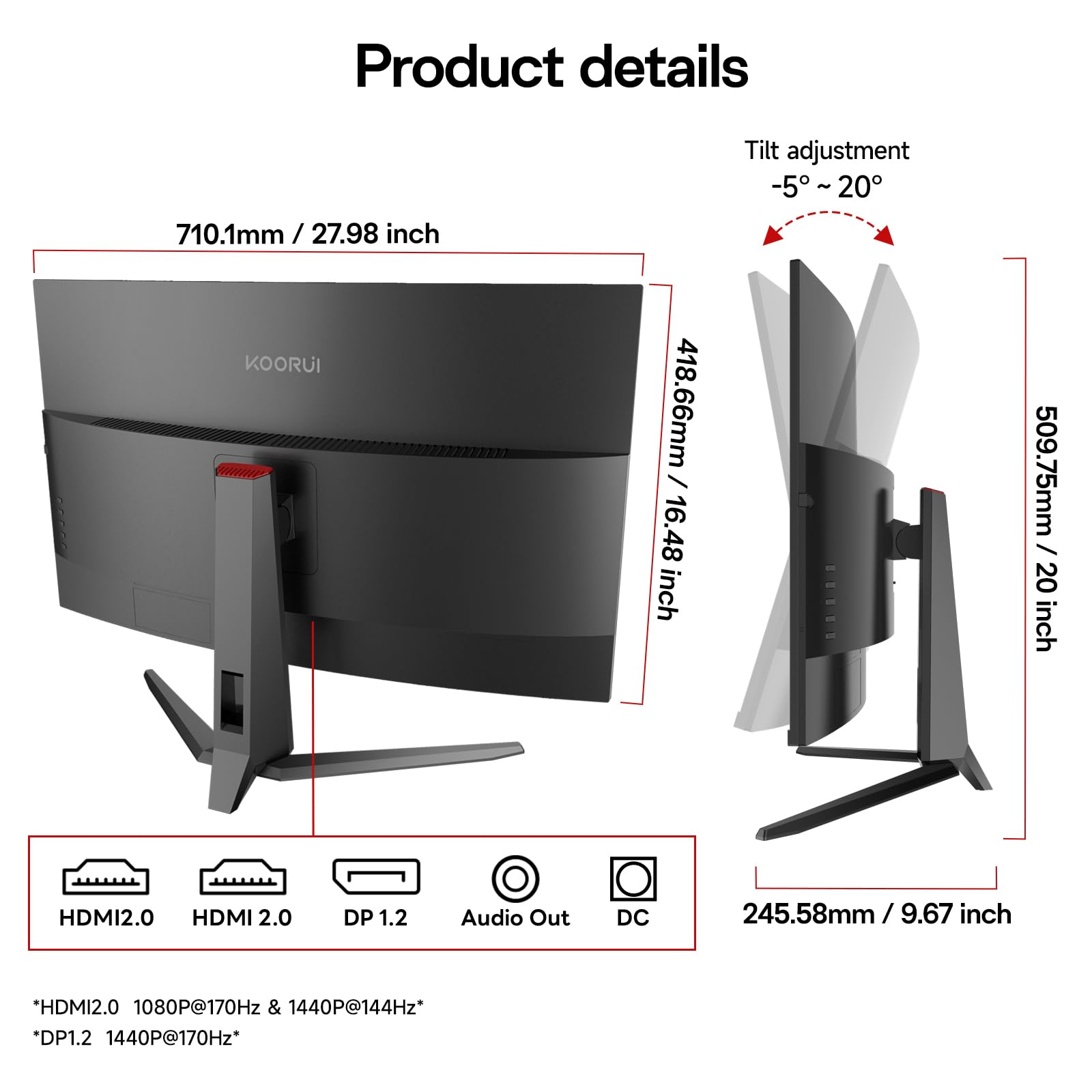 KOORUI 32 inch Curved Gaming Monitor,1440p(2560x1440),170Hz.1ms, 2K, QHD,VA 1500R, HDR10,Adaptive Sync, VESA & Eye Care Ultra-Thin Support DP/HDMI