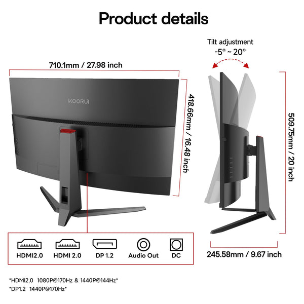 KOORUI 32 inch Curved Gaming Monitor,1440p(2560x1440),170Hz.1ms, 2K, QHD,VA 1500R, HDR10,Adaptive Sync, VESA & Eye Care Ultra-Thin Support DP/HDMI