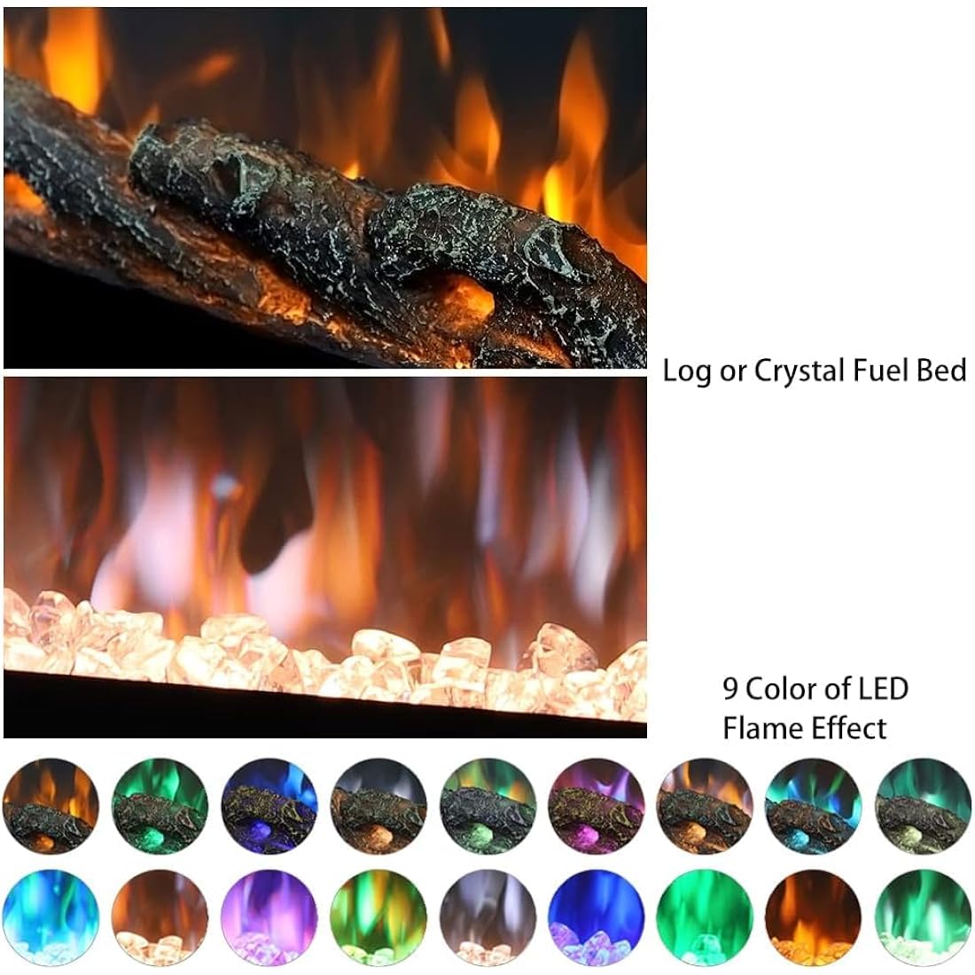 INMOZATA Electric Fire Wall Mounted Recessed Insert 40 50 60 inch Electric Fireplace with Touch Remote Control 9 LED Color Flame Effect Electric Fire Heater, Crystal and Log Set