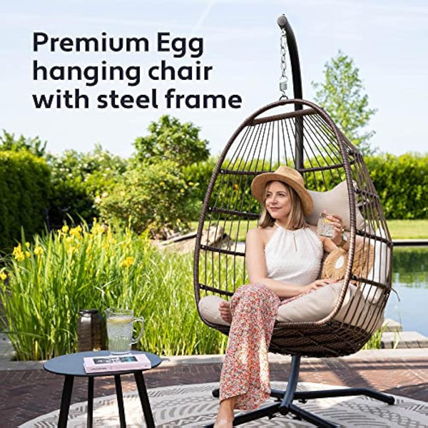Vita5 Hanging Egg Chair Indoor&Outdoor - Swing Chair with Frame Polyrattan with Cushion - Hanging Chair Outdoor and Indoor - Foldable Hammock Chair - Maximum Load 150kg - Beige