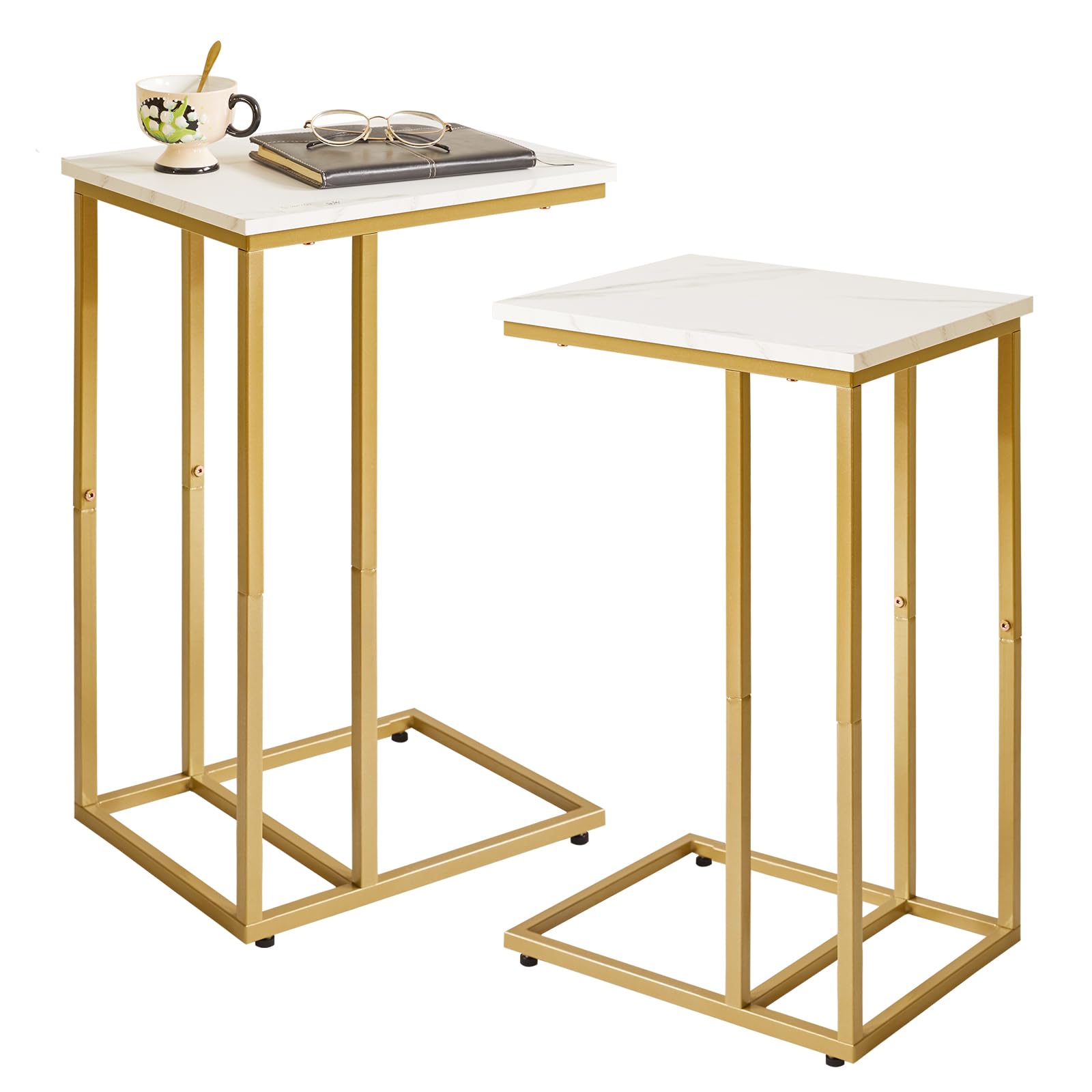 Aibiju Set of 2 C-Shaped Side Table, End Table, Sofa Side Table with Non-Slip Foot Pads for Bedroom, Living Room, Office, White Faux Marble and Gold