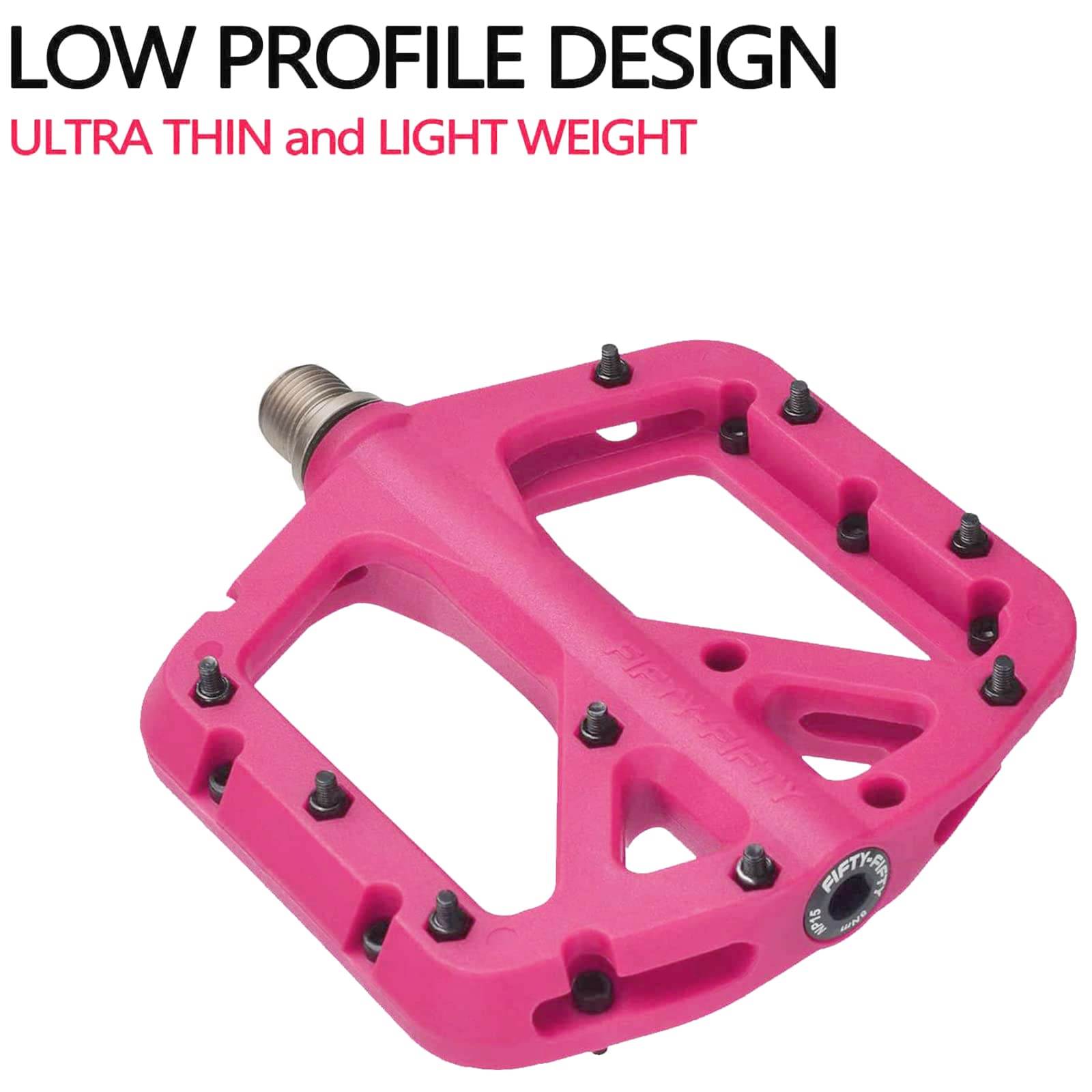 FIFTY-FIFTY Mountain Bike Pedals, Non-Slip MTB Nylon Composite, 9/16" Bicycle Pedals, Lightweight and Wide Flat Platform (Pink)