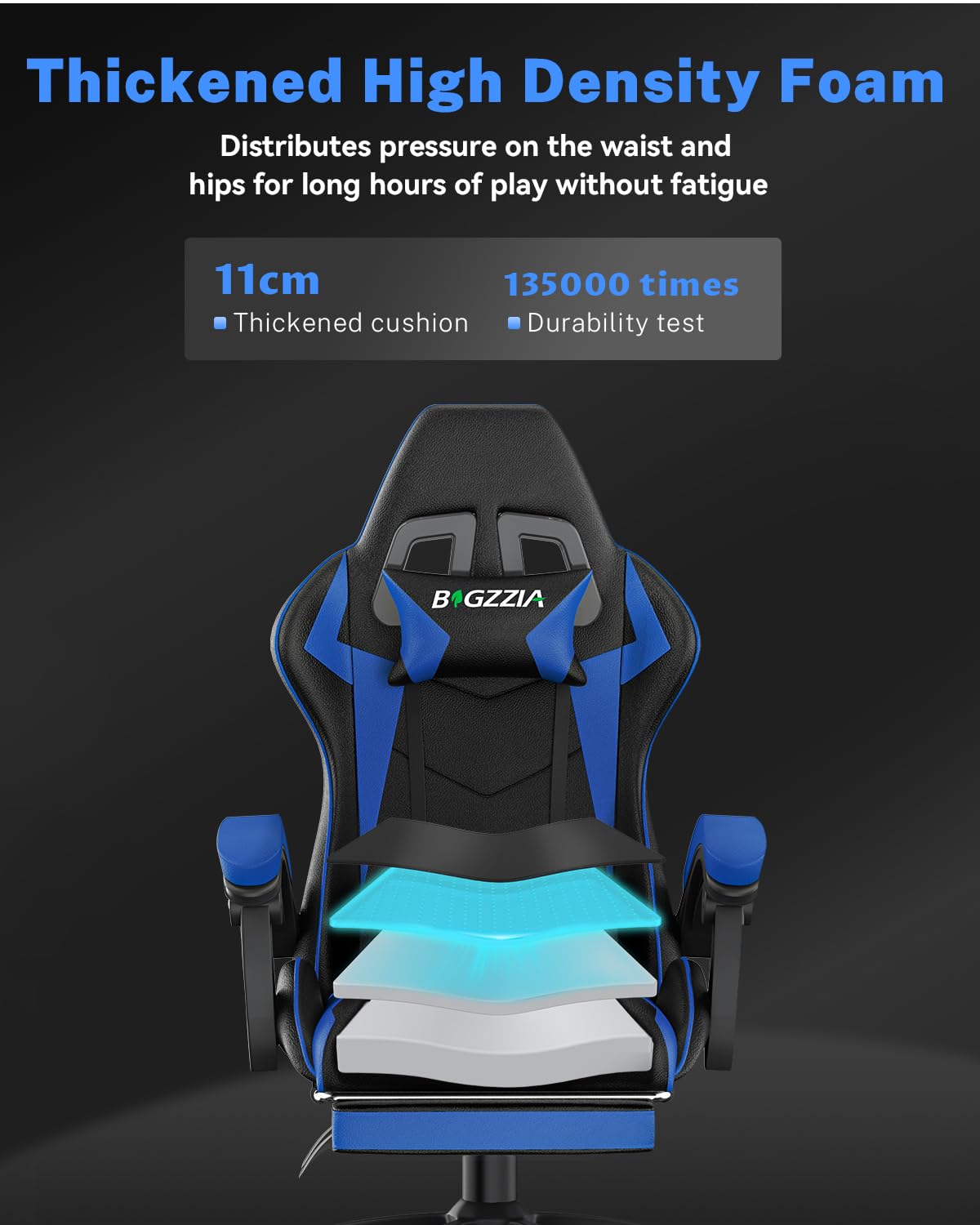 bigzzia RGB Gaming Chair with LED Lights and Ergonomic Computer Chair Reclining PU Leather High Back Video Game Chair with Headrest Adjustable Lumbar Support Linkage Armrest for Adults (Black/Grey)