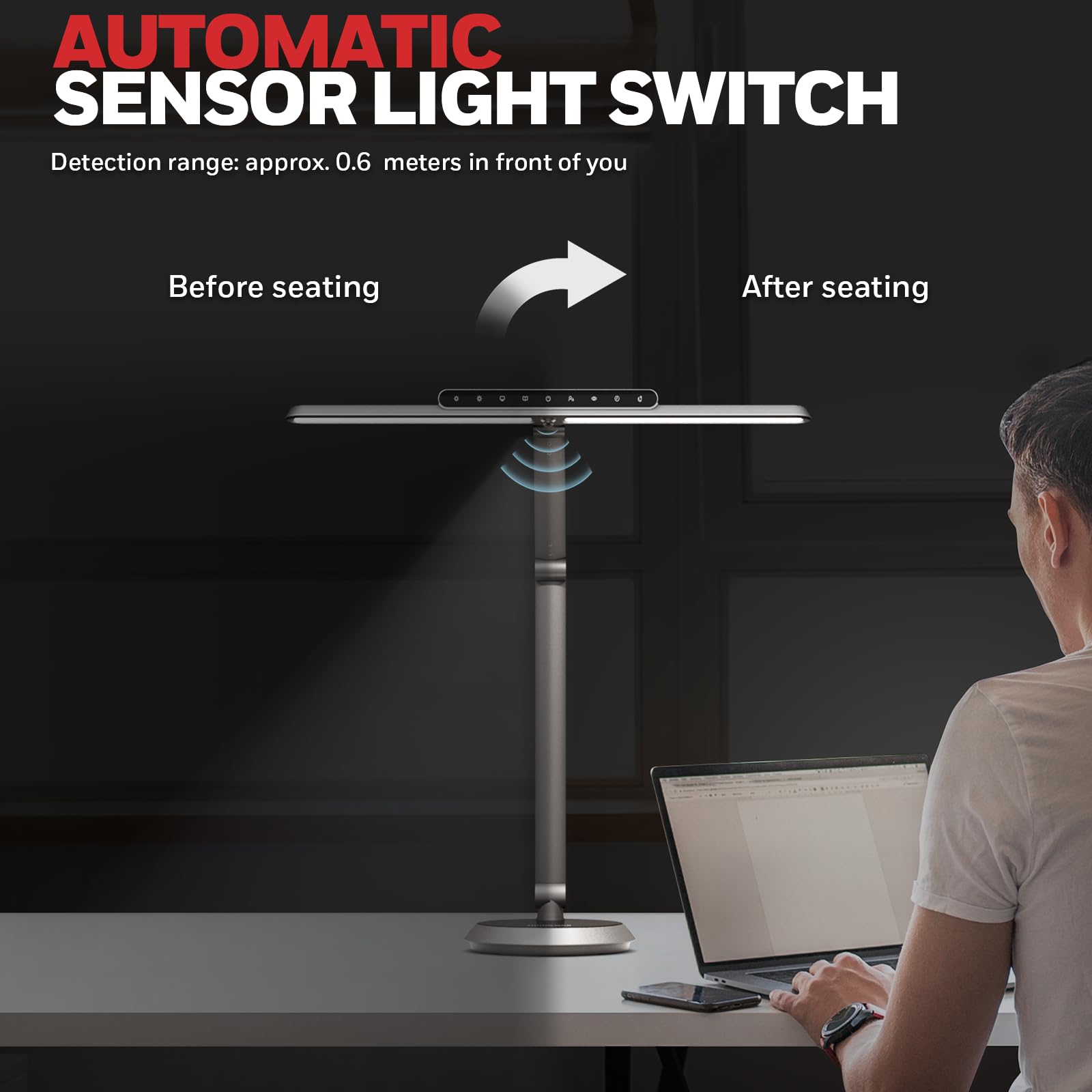 Honeywell LED Desk Lamp for Home Office - H4 Sunturalux™ Eye-Caring Desk Light, 14W Dimmable Table Lamp with 3 Color Modes, 5 Brightness Levels, Auto-Dimming, Timer, Touch Control Reading Lamp, White