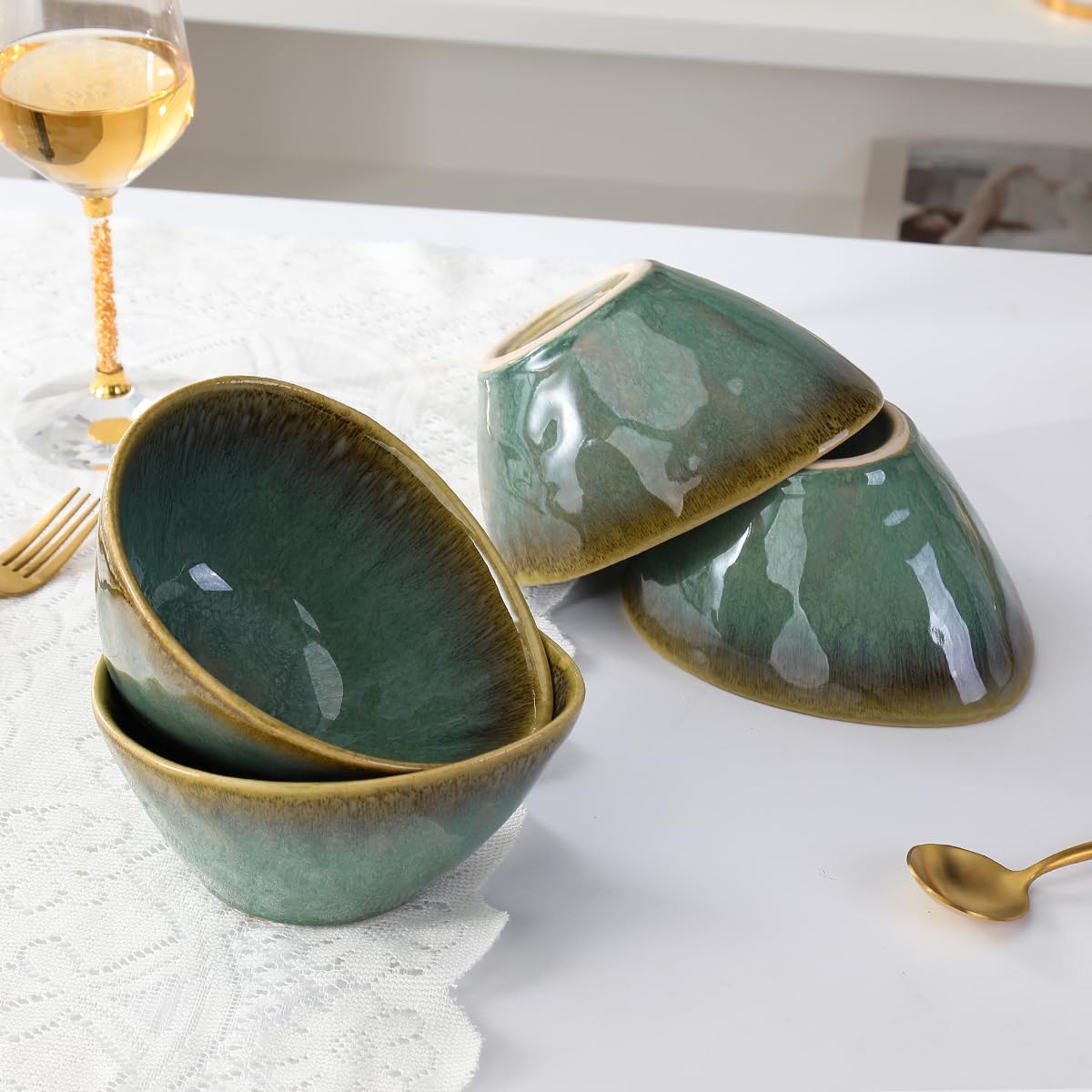 Henten Home Ramen Bowl Set of 4, 20 oz Ceramic Soup Bowl for Cereal/Salad/Pasta, Green Serving Dish Dishwasher & Microwave Safe