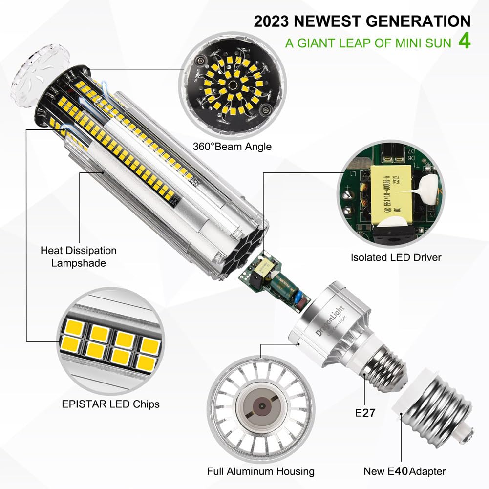 DragonLight Newest 60W Corn LED Light Bulb Fanless(200 Watt MH/HPS Replacement) E27/E40 Large Mogul Base LED Lamp 6000K Daylight 7,200LM Good for