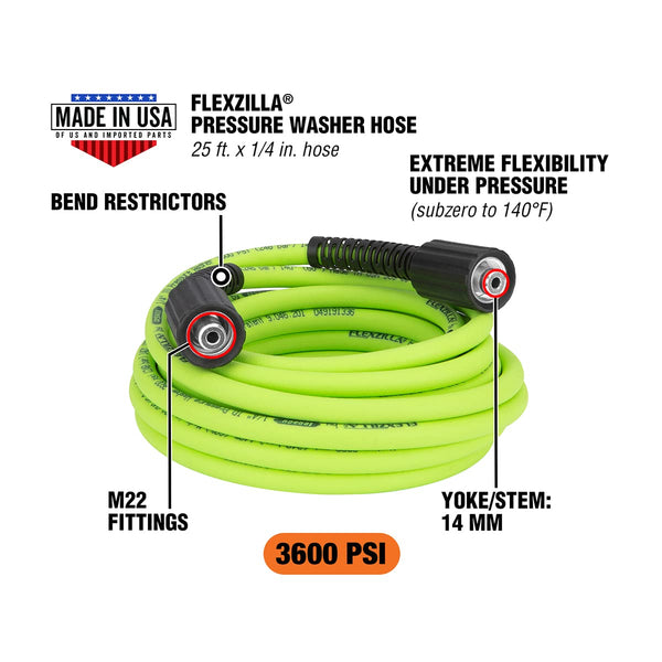Flexzilla HFZPW36425M-E 3600 PSI, 1/4 in. x 25' Pressure Washer Hose, ZillaGreen
