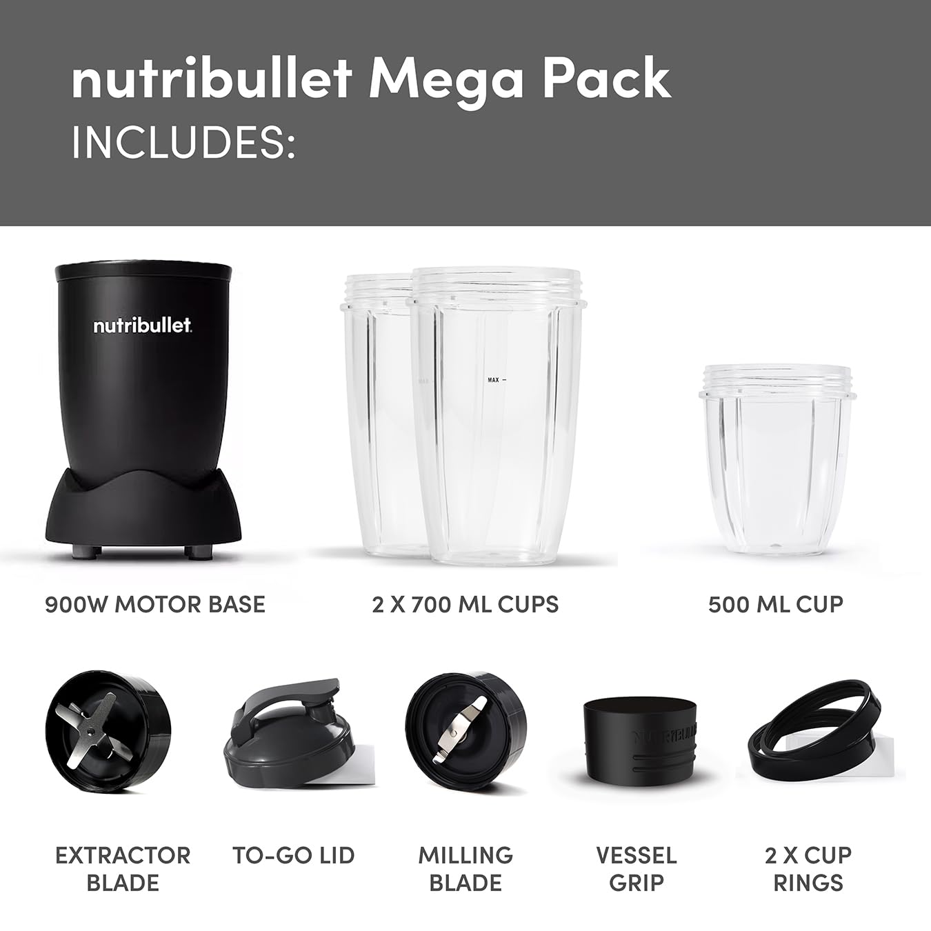 nutribullet Mega Pack with nutribullet 900W Blender & 9 Accessories - Extra Powerful & Easy To Clean - Blend & Crush Ice, Nuts & Frozen Fruits - Smoothie Maker - Black