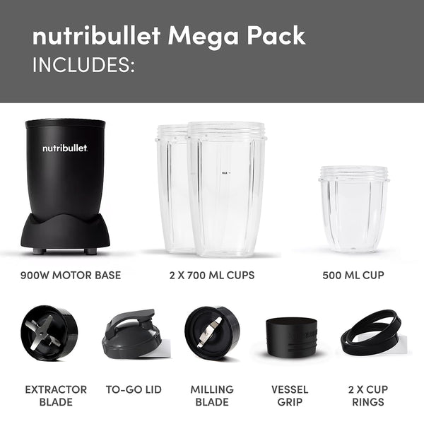 nutribullet Mega Pack with nutribullet 900W Blender & 9 Accessories - Extra Powerful & Easy To Clean - Blend & Crush Ice, Nuts & Frozen Fruits - Smoothie Maker - Black