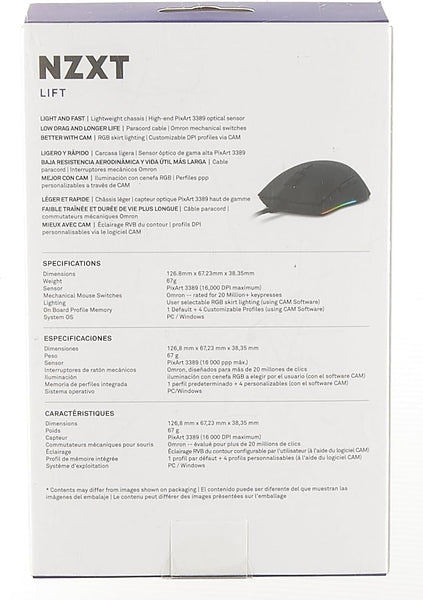 NZXT Lift 2 Ergo | Lightweight Ergonomic Wired Gaming Mouse | Lightweight 61 g Design | 8K Polling Rate | Optical Switches | 26K DPI Optical Sensor | 100% PTFE Feet | Black