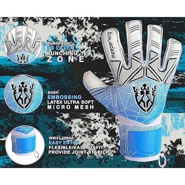 Keeperking Goalkeeper Gloves Kids, Boys, Youth, Adult, Men - Goalie Gloves Latex Strong Grip palms with Removable Finger Spines Protection - Football Goalkeeping Gloves (Size 5/6/7/8/9/10)