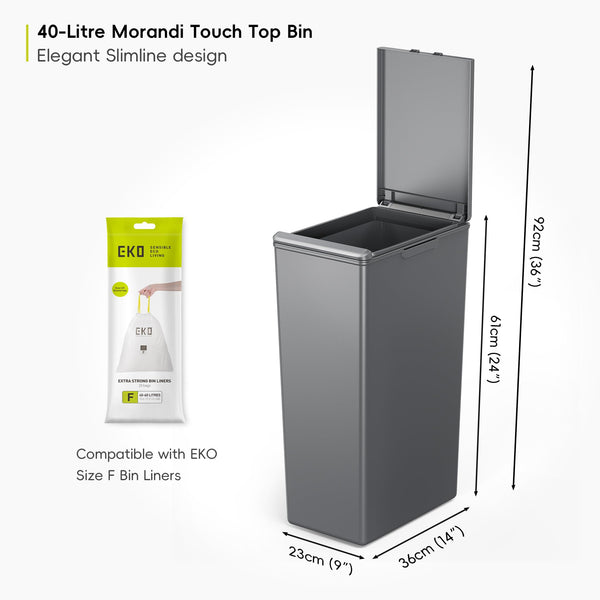 EKO Morandi Kitchen Bin, Plastic Touch Top Recycling Bin For Kitchen & Home, Large Push Top Bin, Dark Grey, 40 Litre