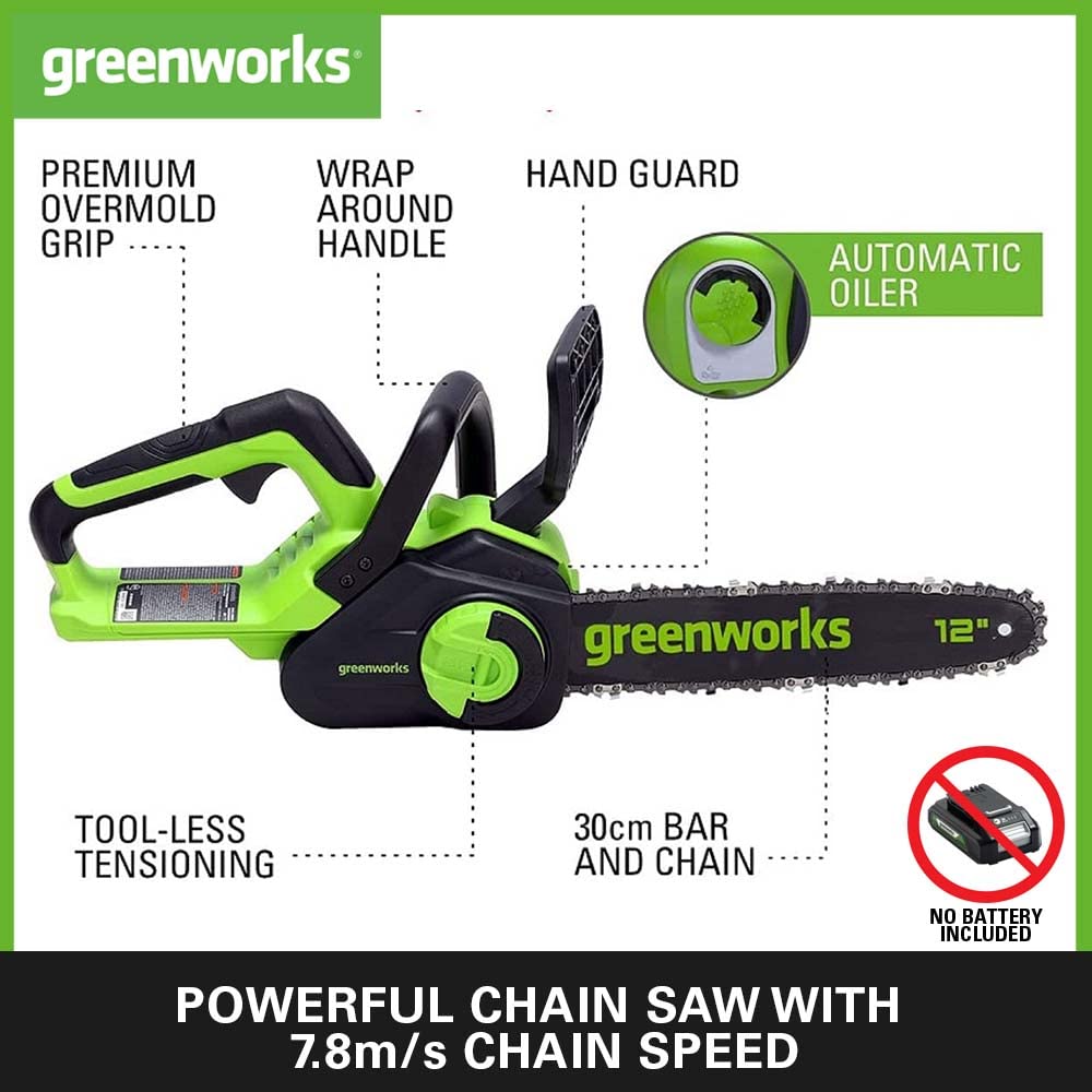 Greenworks GD24CS30K4 Cordless Chainsaw with Brushless Motor, 30cm Bar Length, 7.8m/s Chain Speed, Auto-Oiler, Kickback Protection, 24V 4Ah Battery & Charger, 3 Year Guarantee