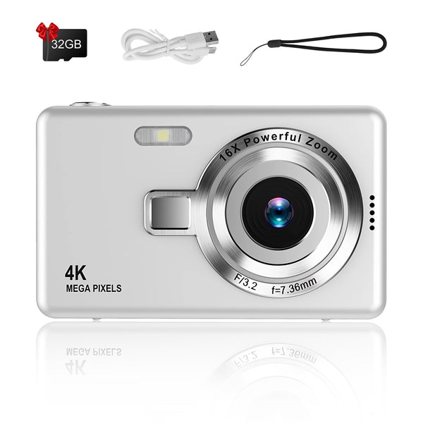 Digital Camera 1080P FHD 44MP with 2.4" LCD Screen,16X Digital Zoom, Compact Portable Vlogging Camera with 32gb SD Card for Kids Teen Students Beginner (Silver)