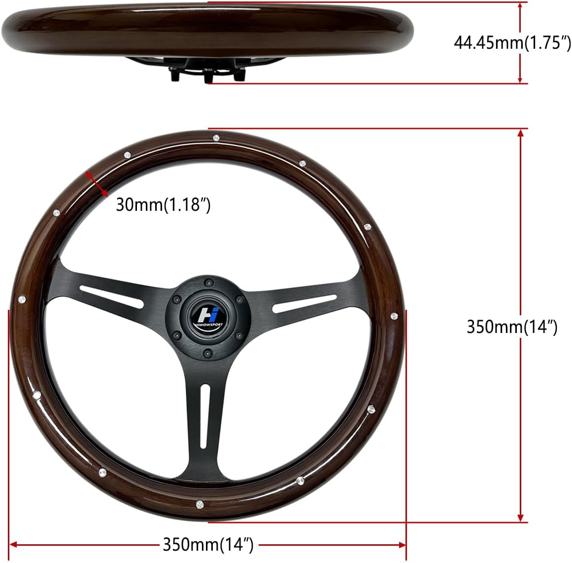 Hiracing 14" Universal Classic Wood Grain Steering Wheel Brushed 3 Spoke 1.5 Depth Steering Wheel with Horn Button 6 bolts (010)
