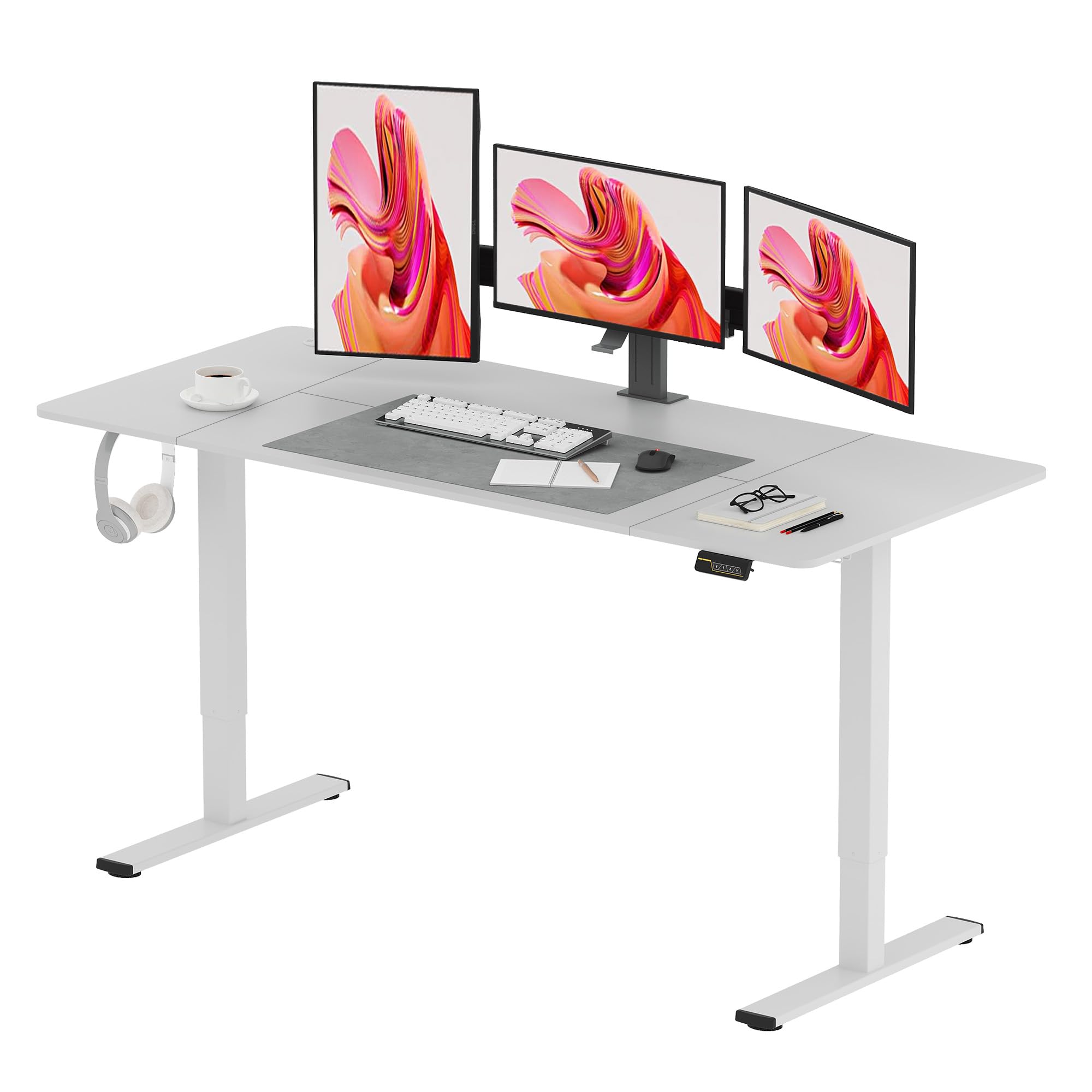 SANODESK QS1+140 * 60 Electric Standing Desk Height Adjustable Standing Desk With Memory Smart Panel Sit Stand Table With Hooks and Cupholder for Home Office （Black Frame+ Black Desktop）