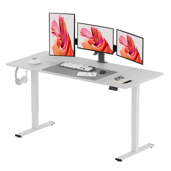 SANODESK QS1+140 * 60 Electric Standing Desk Height Adjustable Standing Desk With Memory Smart Panel Sit Stand Table With Hooks and Cupholder for Home Office （Black Frame+ Black Desktop）
