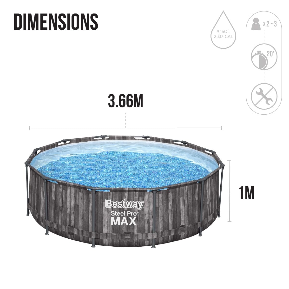 Bestway, Steel Pro Pool Max Swimming Pool, Above Ground Swimming Pool, Metal Frame Pool, 12ft