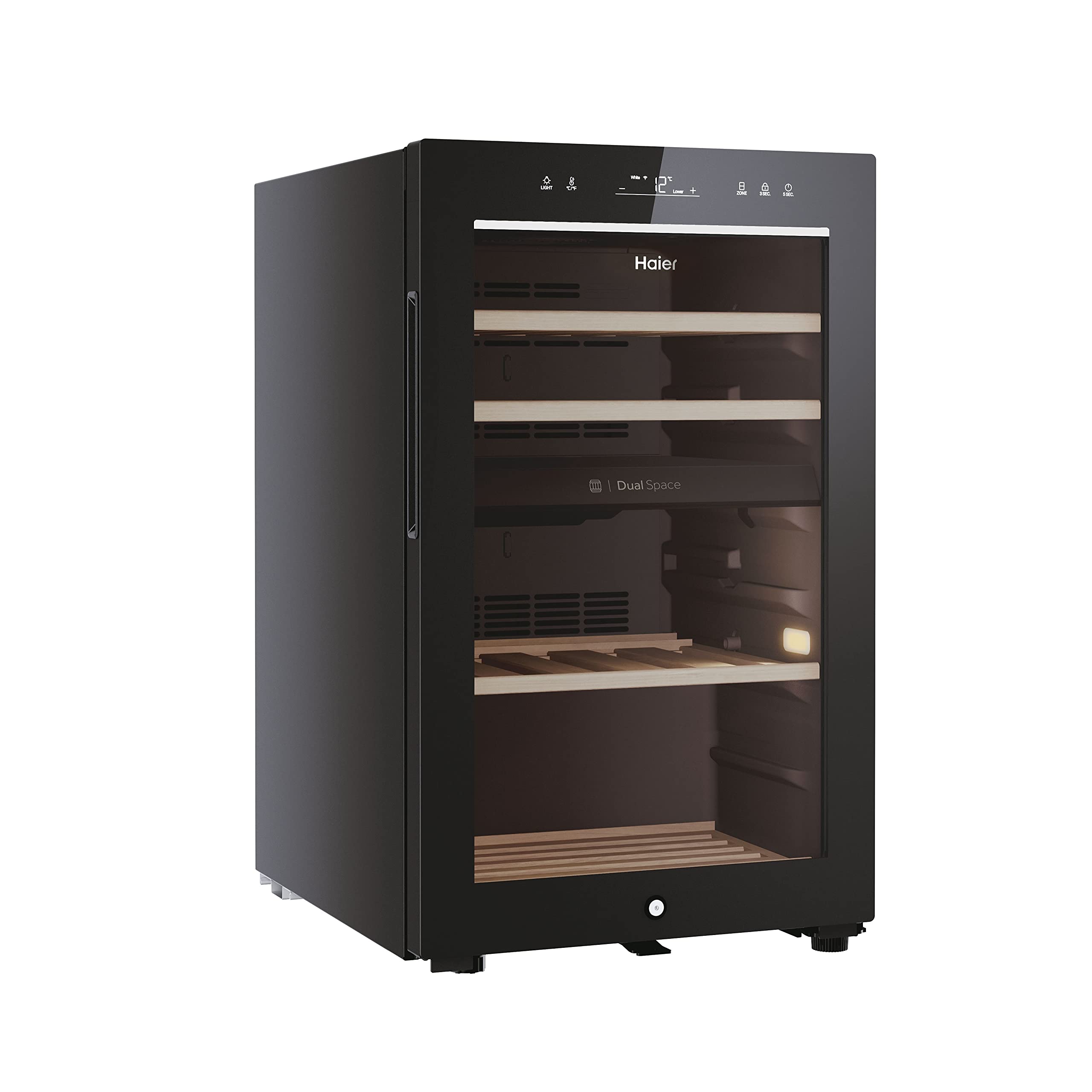 Haier Wine Bank 50 Series 5 Freestanding Wine Cooler, 49 Bottles, Single Zone Temperature, Anti-UV Glass Door, Low Vibration Design, LED Light, hOn App, F Class, Black, 49.7x58.5x82 cm - HWS49GA
