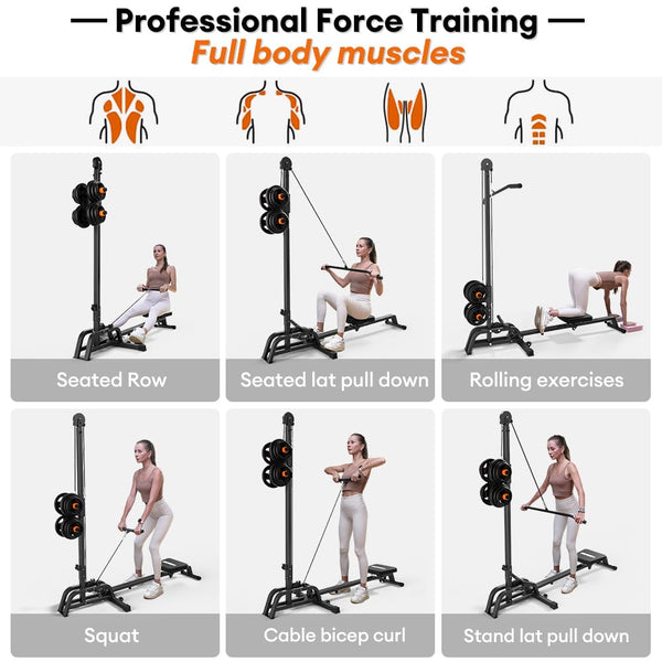 ONETWOFIT Foldable Rowing Machine & LAT Pull Down Machine 2 in 1 Multi-function Compact Rowing Machine for Home, Low Row Cable Fitness with Flat Weight Bench