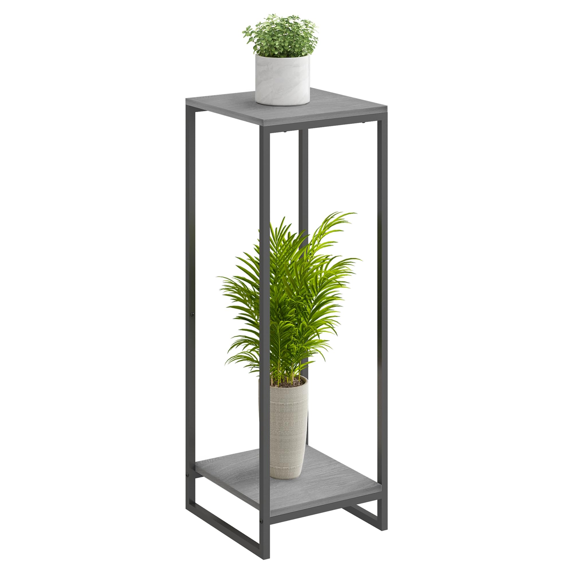 JEPRECO 34" Tall Plant Stand Indoor, 2-Tier Modern Plant Shelf, Corner Flower Pot Holder Organizer for Living Room Balcony Patio Garden (Oak Grey)