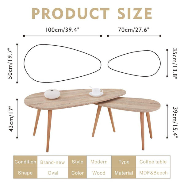 GOLDFAN Triangle Solid Wood Coffee Table Set Nest of 2 Tables Modern Sofa Coffee Side Table for Living Room Office Furniture