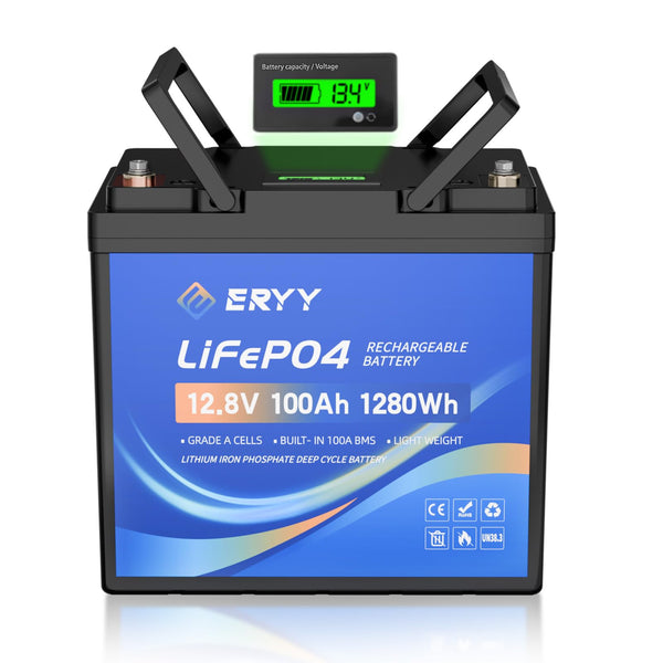 LiFePO4 Lithium Battery 12V 30Ah, Built-in 30A BMS & LCD Voltmeter, 5000+ Cycles, Lightweight Rechargeable Leisure Lithium Iron Phosphate Battery for RVs, Camping Gear, Trolling Motor, Solar