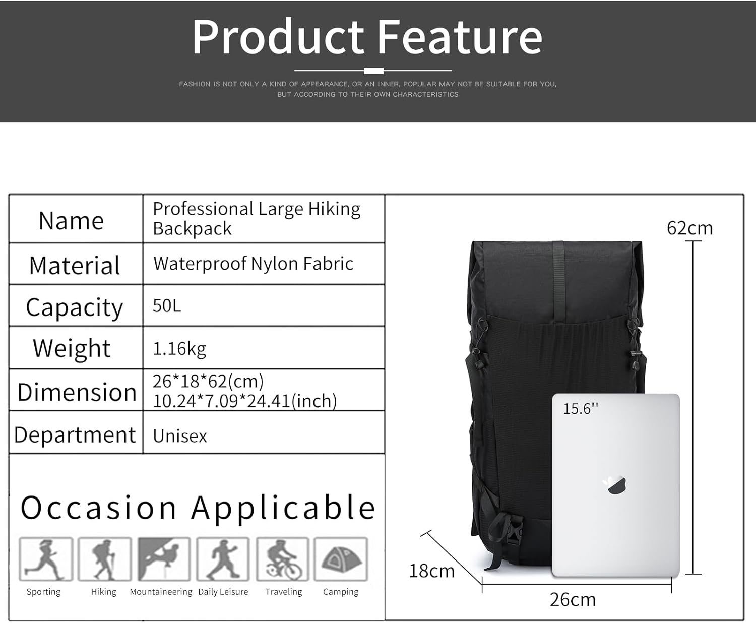 POWER KING 40L Expandable TO 50L Hiking Backpack,Upgraded X-PAC Scratch-proof Lightweight Large Rucksack for Mens Women, Outdoor Roll Top Camping Packsack, Fit for 15.6'' Laptop